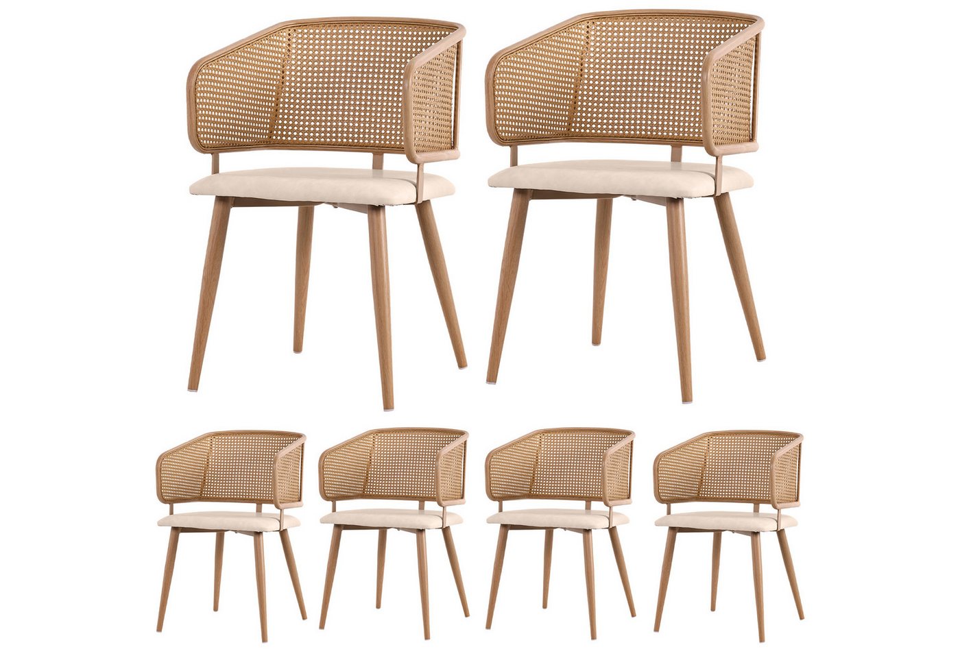 HAUSS SPOLE Essgruppe 7er Set Esstisch mit Holzmaserung, 4 Rattan Stühlen, PU Kissen, Braun, (7-tlg) von HAUSS SPOLE
