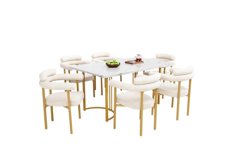 HAUSS SPOLE Essgruppe 7er Set Esstisch mit Tischbeinen aus Metall und 4 Beigen Samt-Stühle, (Esstisch- und Stuhlset, elegante Metall-Tischbeine, komfortable Samt-Hohlsessel in Creme, für moderne Wohnzimmer & Restaurants, langlebig & stylish, 7-tlg), Esstisch mit Design-Tischbeinen, Samt-Hohlsesseln von HAUSS SPOLE