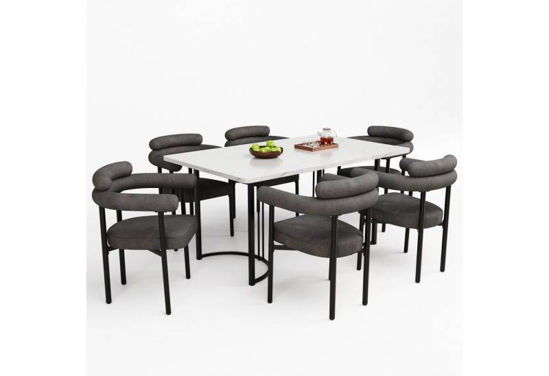 HAUSS SPOLE Essgruppe 7er Set Esstisch mit Tischbeinen aus Metall und 4 Grauen Samt-Stühle, (Esstisch- und Stuhlset, 7-tlg., Esstisch mit 4 Stühlen), Esstisch mit Design-Tischbeinen, Samt-Hohlsesseln von HAUSS SPOLE