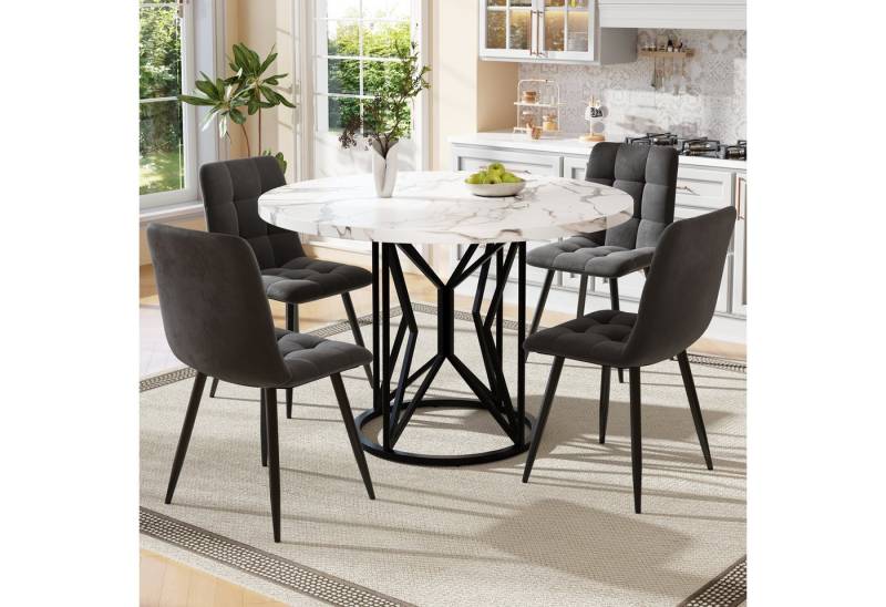 HAUSS SPOLE Essgruppe Esstisch-Set mit 4 Stühlen, MDF-Tischplatte,Grauer Samt-Stühlen, (Modernes 5-teiliges Esstisch-Set mit 100 cm Tisch – Weiße MDF-Tischplatte, elegante Marmoroptik, ergonomische Sitzfläche., 5-tlg) von HAUSS SPOLE