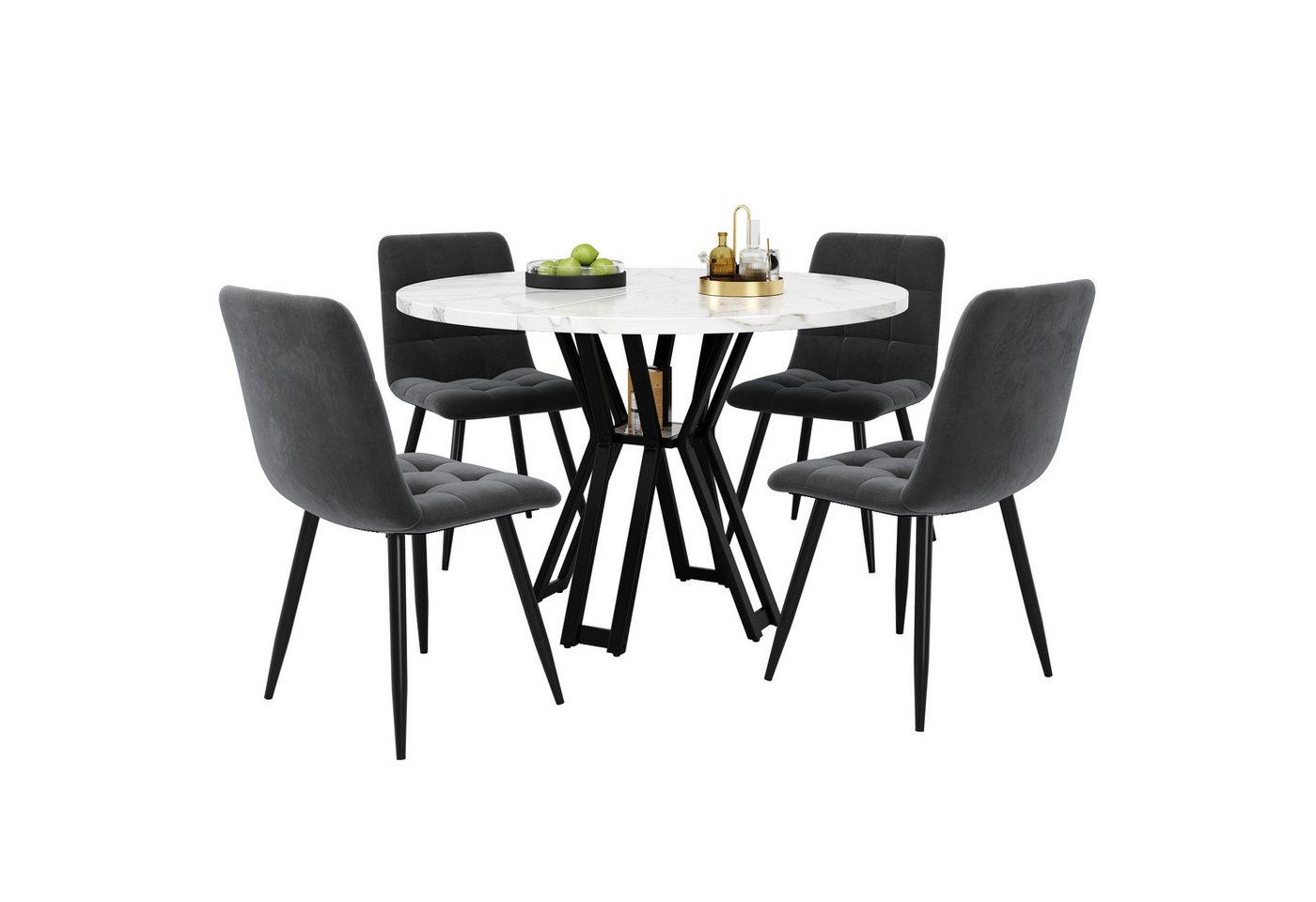 HAUSS SPOLE Essgruppe Esstisch-Set mit 4 Stühlen, schwarze Beine, weiß Tischplatte, (Stilvolles 5-teiliges Esstisch-Set, 100 cm runder Tisch mit schwarzem Metallrahmen und weiß marmorierter Tischplatte., 5-tlg) von HAUSS SPOLE