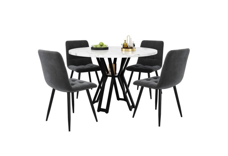 HAUSS SPOLE Essgruppe Esstisch-Set mit 4 Stühlen, schwarze Beine, weiß Tischplatte, (Stilvolles 5-teiliges Esstisch-Set, 100 cm runder Tisch mit schwarzem Metallrahmen und weiß marmorierter Tischplatte., 5-tlg) von HAUSS SPOLE