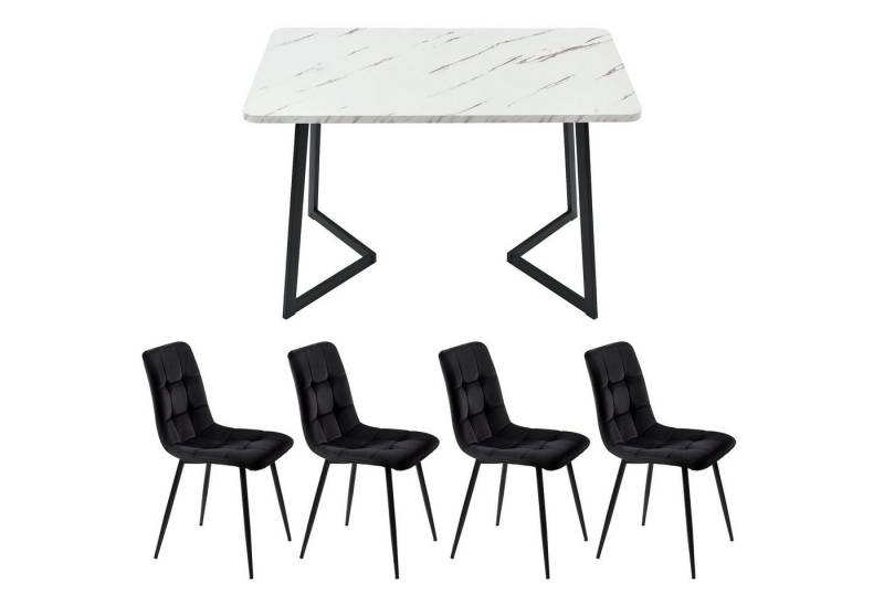 HAUSS SPOLE Essgruppe Esstisch mit 4 Schwarz Samt Stühlen Set, Schwarze Tischbeine, (5-tlg), Küchetisch Esszimmerstuhl Set, Metallbeine von HAUSS SPOLE