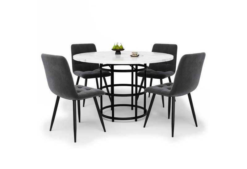 HAUSS SPOLE Essgruppe Küchentisch-Set, Esstisch-Set mit 4 grauen Stühlen, weiße Tischplatte, (5-teiliges Esstisch-Set – Runder 100 cm MDF-Tisch mit Marmor-Imitat und Grauen Samt-Stühlen., 5-tlg) von HAUSS SPOLE