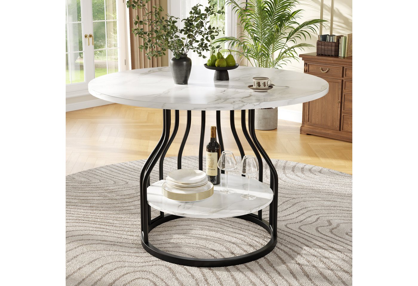 HAUSS SPOLE Essgruppe mit kleiner runder Platte in der Mitte zur Aufbewahrung, schwarz, (Runder Esstisch 80×80 cm mit Stauraum, Schwarze MDF-Marmorplatte, Verstellbare Füße ., 1-tlg., 80×80×76cm) von HAUSS SPOLE