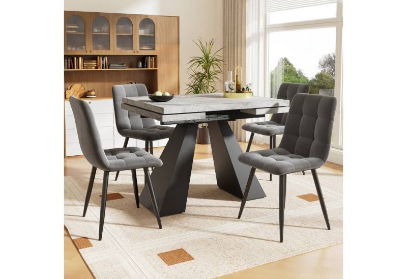 HAUSS SPOLE Esstisch 5-tlg Ausziehbares Esstisch mit 4 Esszimmerstühlen,für 4 Personen (Esstisch Set 5-tlg mit Ausziehbarem Tisch für 4 Personen, Weiße MDF Tischplatte mit Marmoroptik, 4 Graue Samt-Esszimmerstühle, Perfekt für Esszimmer und Küche, 5-St., 99-159 cm) von HAUSS SPOLE