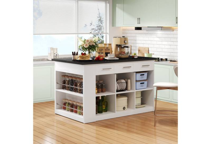 HAUSS SPOLE Esstisch Kücheninsel Küchenschrank Buffetschrank mit ausziehbarer Esstisch (Multifunktionale Kücheninsel mit ausziehbarem Esstisch (96 cm), integrierten Stauraum, weißer marmorierter Holzarbeitsplatte – perfekt für Familienküchen und Potluck Dinners, L 150x B 90 x H 90cm) von HAUSS SPOLE