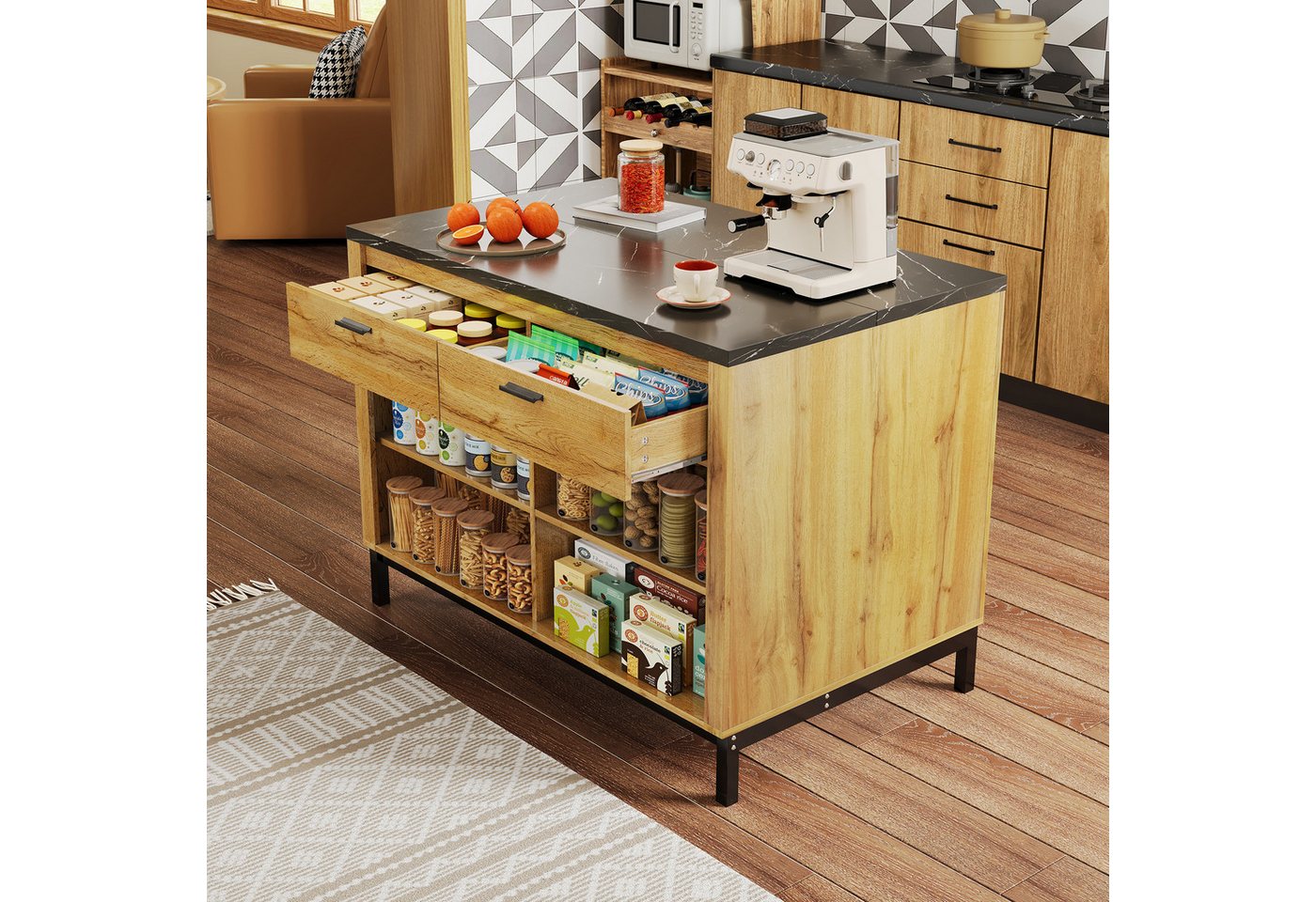 HAUSS SPOLE Esstisch Kücheninsel im Landhausstil mit Schubladen,Küchenschrank Bartisch (Kücheninsel Landhausstil 120×75×90 cm mit 2 Schubladen & 4 Regalen, schwarze Marmor-Arbeitsplatte & Barbereich, 120×75×90cm) HAUSS SPOLE Esstisch Kücheninsel im Landhausstil mit Schubladen,Küchenschrank Bartisch (Kücheninsel Landhausstil 120×75×90 cm mit 2 Schubladen & 4 Regalen, schwarze Marmor-Arbeitsplatte & Barbereich, 120×75×90cm) von HAUSS SPOLE