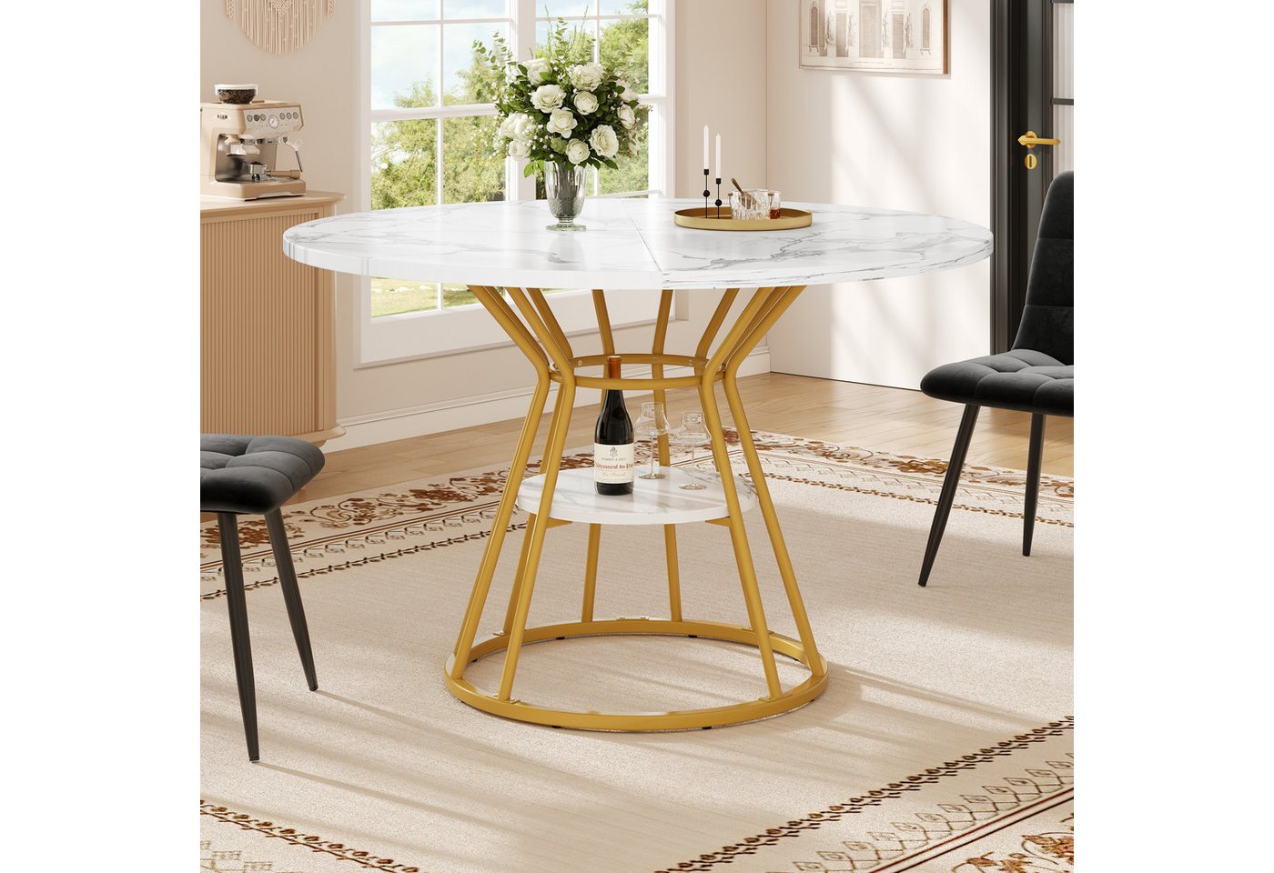 HAUSS SPOLE Esstisch Runder Küchentisch Frühstückstisch mit Ablagefläche Metallbeine Gold (Runder Esstisch Marmormuster 100 cm mit stabilen Metallbeinen & Ablagefläche – robust & pflegeleicht) von HAUSS SPOLE