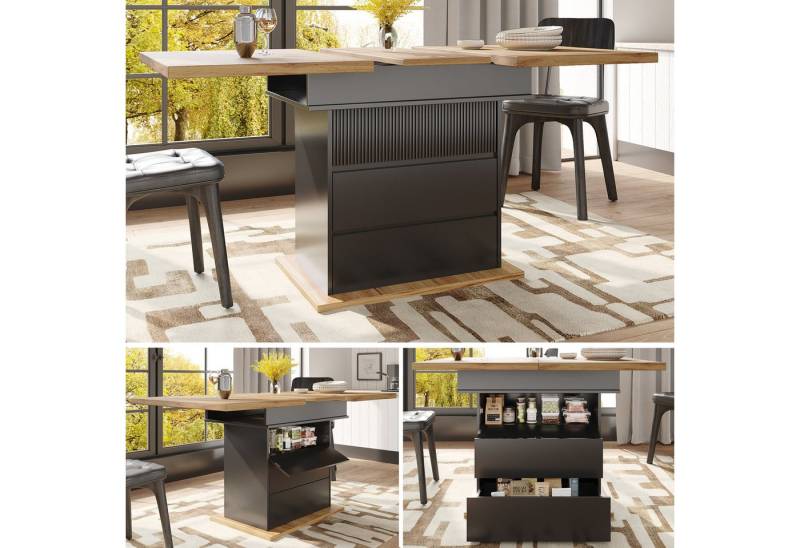 HAUSS SPOLE Esstisch Teleskoptisch 110-140×80cm mit drei Ablageebenen für Küche Schwarz (Ausziehbarer Teleskoptisch 110-140 cm mit Soft-Close-Tür und Stauraum – Flexibler, platzsparender Esstisch für Küche & Wohnzimmer) von HAUSS SPOLE