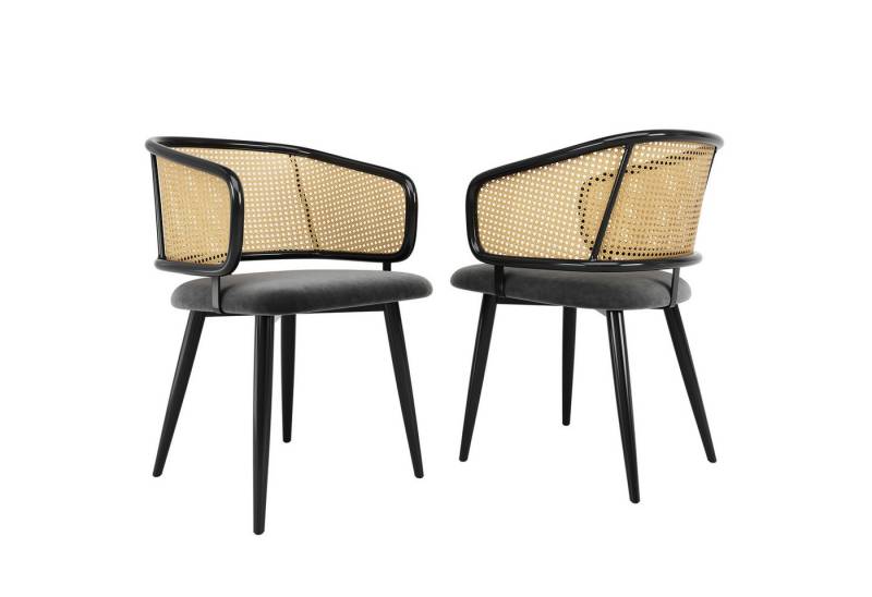 HAUSS SPOLE Esszimmerstuhl 2 Stühle mit Rattan-Rückenlehne, Sitzkissen aus Samt-Kissen, Grau (2er-Set Esszimmerstühle mit ergonomischer Rattan-Rückenlehne, atmungsaktivem Samt-Sitzkissen & stabilen Eisenbeinen., 2 St) von HAUSS SPOLE