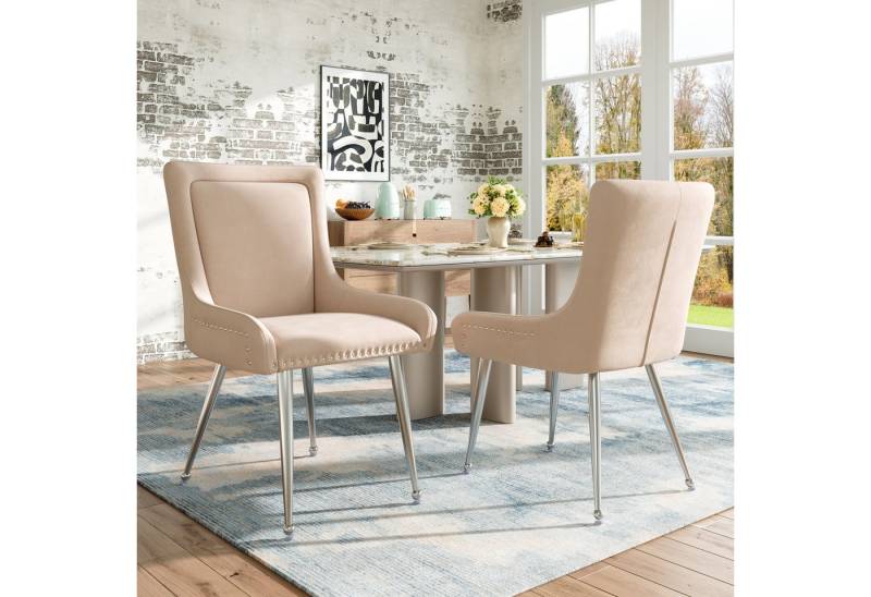 HAUSS SPOLE Esszimmerstuhl 2er Set Esszimmerstühle Galvanisiertes Silber Eisen Beine, Beige Samt (Luxuriöse Samt-Esszimmerstühle (2er Set) – Ergonomisches Design, Versilberte Eisenbeine, Verstellbare Füße, Beig – Stilvolle Stühle für Esszimmer und Büro, Komfort für hohe Ansprüche, 2 St) von HAUSS SPOLE