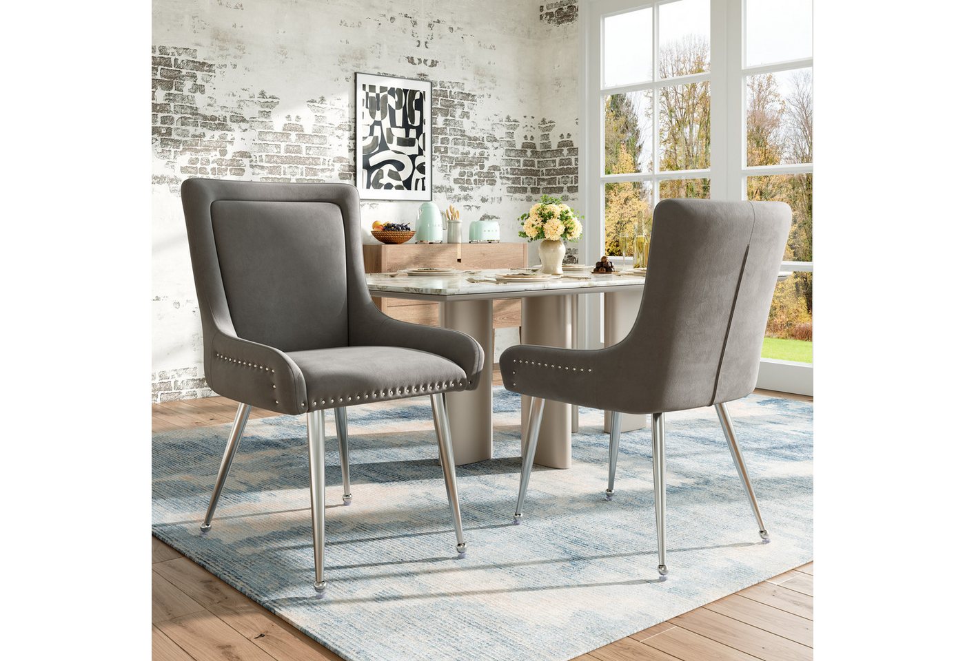 HAUSS SPOLE Esszimmerstuhl 2er Set Esszimmerstühle Galvanisiertes Silber Eisen Beine, Grau Samt (Luxuriöse Samt-Esszimmerstühle (2er Set) – Ergonomisches Design, Versilberte Eisenbeine, Verstellbare Füße, Grau – Stilvolle Stühle für Esszimmer und Büro, Komfort für hohe Ansprüche, 2 St) von HAUSS SPOLE
