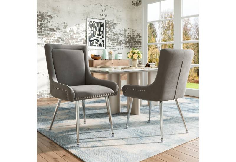 HAUSS SPOLE Esszimmerstuhl 2er Set Esszimmerstühle Galvanisiertes Silber Eisen Beine, Grau Samt (Luxuriöse Samt-Esszimmerstühle (2er Set) – Ergonomisches Design, Versilberte Eisenbeine, Verstellbare Füße, Grau – Stilvolle Stühle für Esszimmer und Büro, Komfort für hohe Ansprüche, 2 St) von HAUSS SPOLE