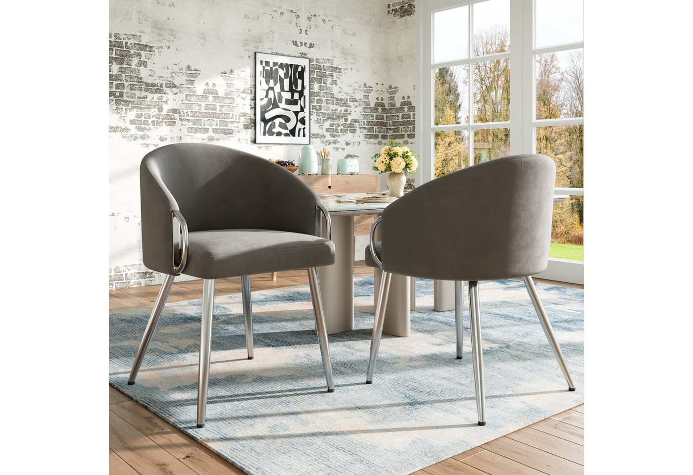 HAUSS SPOLE Esszimmerstuhl 2er Set Kosmetikstuhl, mit verstellbaren versilberte Eisenbeine, Grau (Luxus Samt-Stoff-Esszimmerstuhl (2er Set), Ergonomische Stühle mit Verstellbaren Beinen und Fächerförmiger Rückenlehne – Galvanisierte Silber-Eisenbeine, Atmungsaktiv & Pflegeleicht, Grau – Ideal für Esszimmer und Wohnzimmer, 2 St) von HAUSS SPOLE