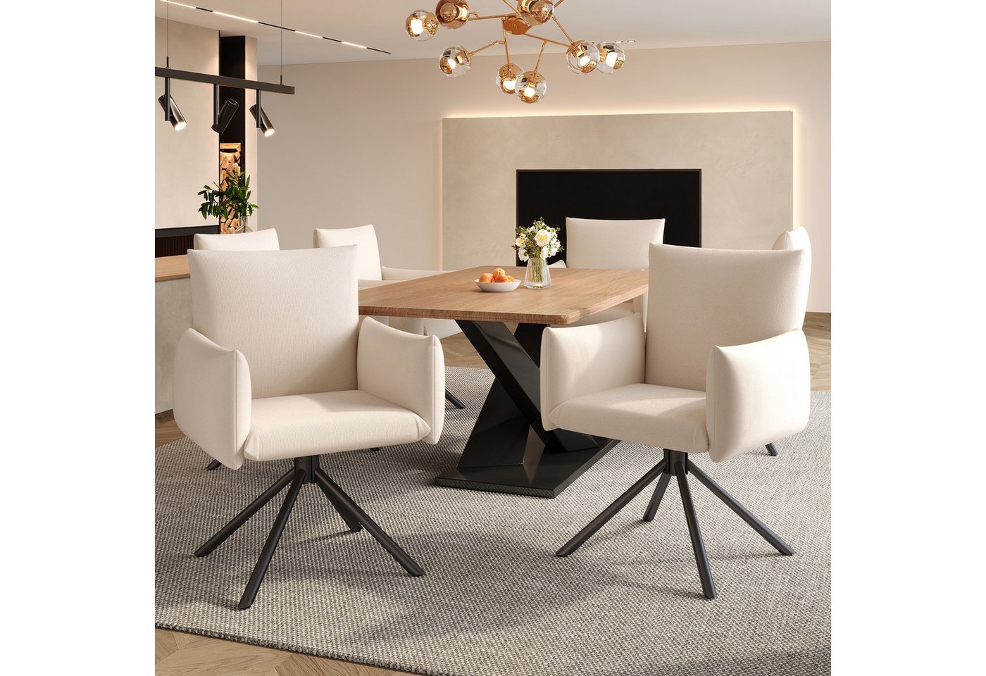 HAUSS SPOLE Esszimmerstuhl 2er Set mit 4 Metallbeinen, 360° Drehstuhl, Wohnzimmer Leinen, Beige (Wohnzimmerstuhl, Küchenstuhl, Drehstuhl, 2 St), 360° Lässiger Drehstuhl von HAUSS SPOLE