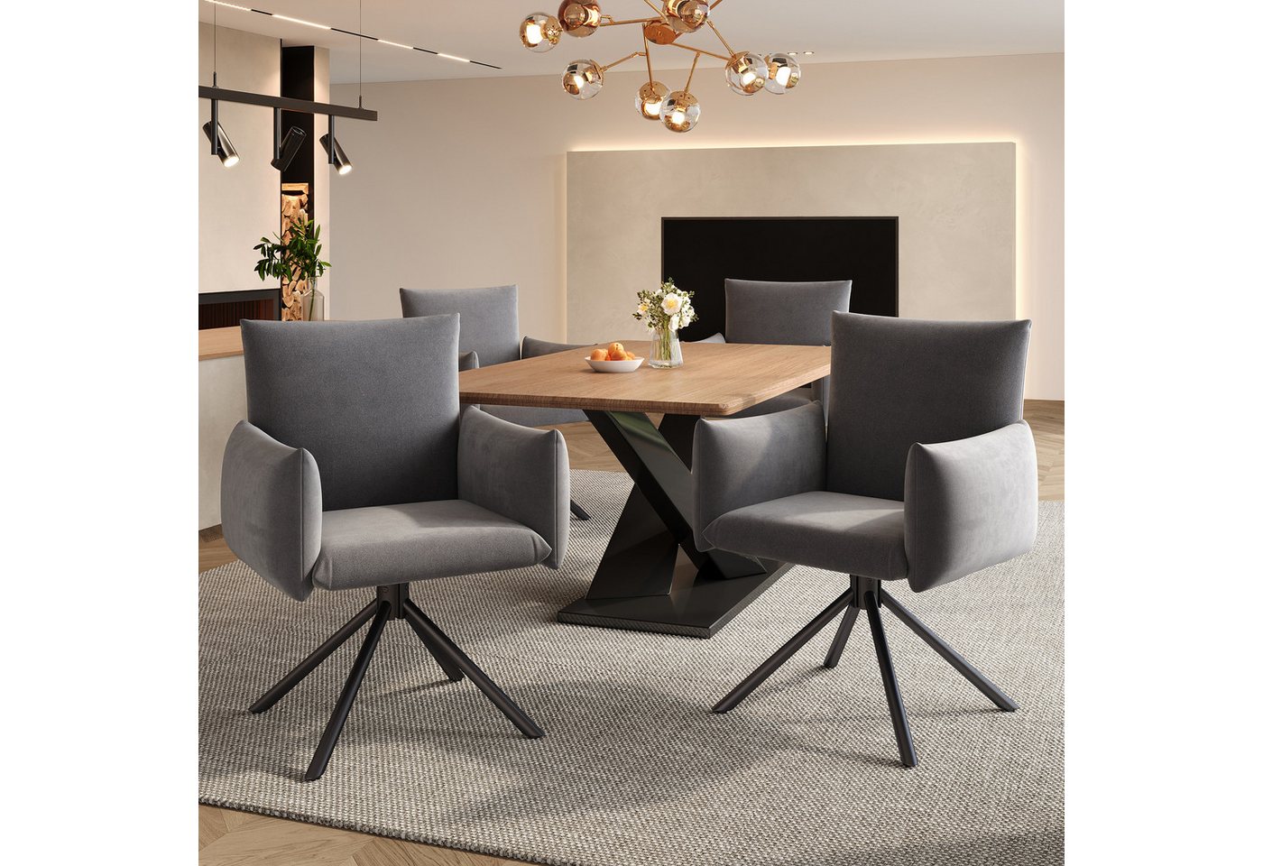 HAUSS SPOLE Esszimmerstuhl 2er Set mit 4 Metallbeinen, 360° Drehstuhl, Wohnzimmer Samt, Grau (Wohnzimmerstuhl, Küchenstuhl, Drehstuhl, 2 St), 360° Lässiger Drehstuhl von HAUSS SPOLE