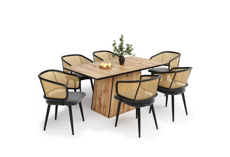 HAUSS SPOLE Esszimmerstuhl 6 Stühle mit Rattan-Rückenlehne, Sitzkissen aus Samt-Kissen, Grau (6er-Set Esszimmerstühle mit ergonomischer Rattan-Rückenlehne, atmungsaktivem Samt-Sitzkissen & stabilen Eisenbeinen., 6 St) von HAUSS SPOLE
