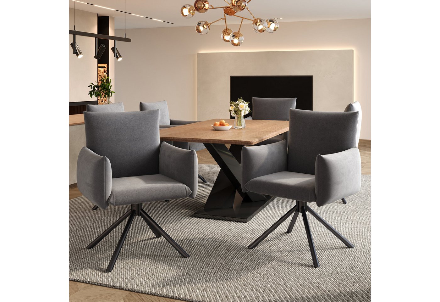 HAUSS SPOLE Esszimmerstuhl 6er Set mit 4 Metallbeinen, 360° Drehstuhl, Wohnzimmer Samt, Grau (Wohnzimmerstuhl, Küchenstuhl, Drehstuhl, 6 St), 360° Lässiger Drehstuhl von HAUSS SPOLE