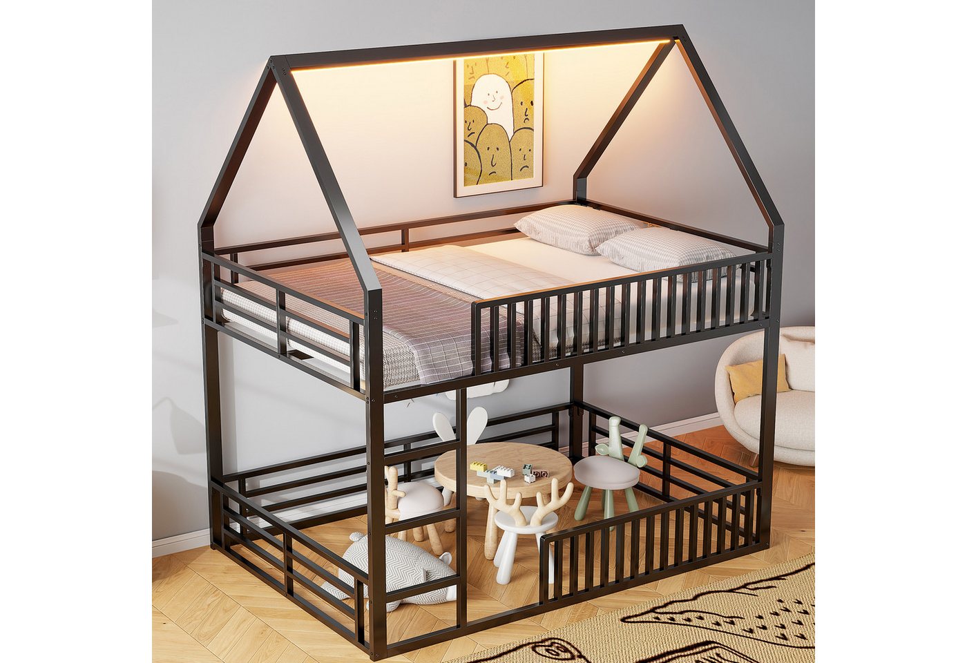 HAUSS SPOLE Etagenbett 140 x 200 cm Hausbett mit Zaun und LED-Licht, Lattenroste, Schwarz (Haus-Etagenbett mit LED-Beleuchtung– Fantastisches Design) von HAUSS SPOLE