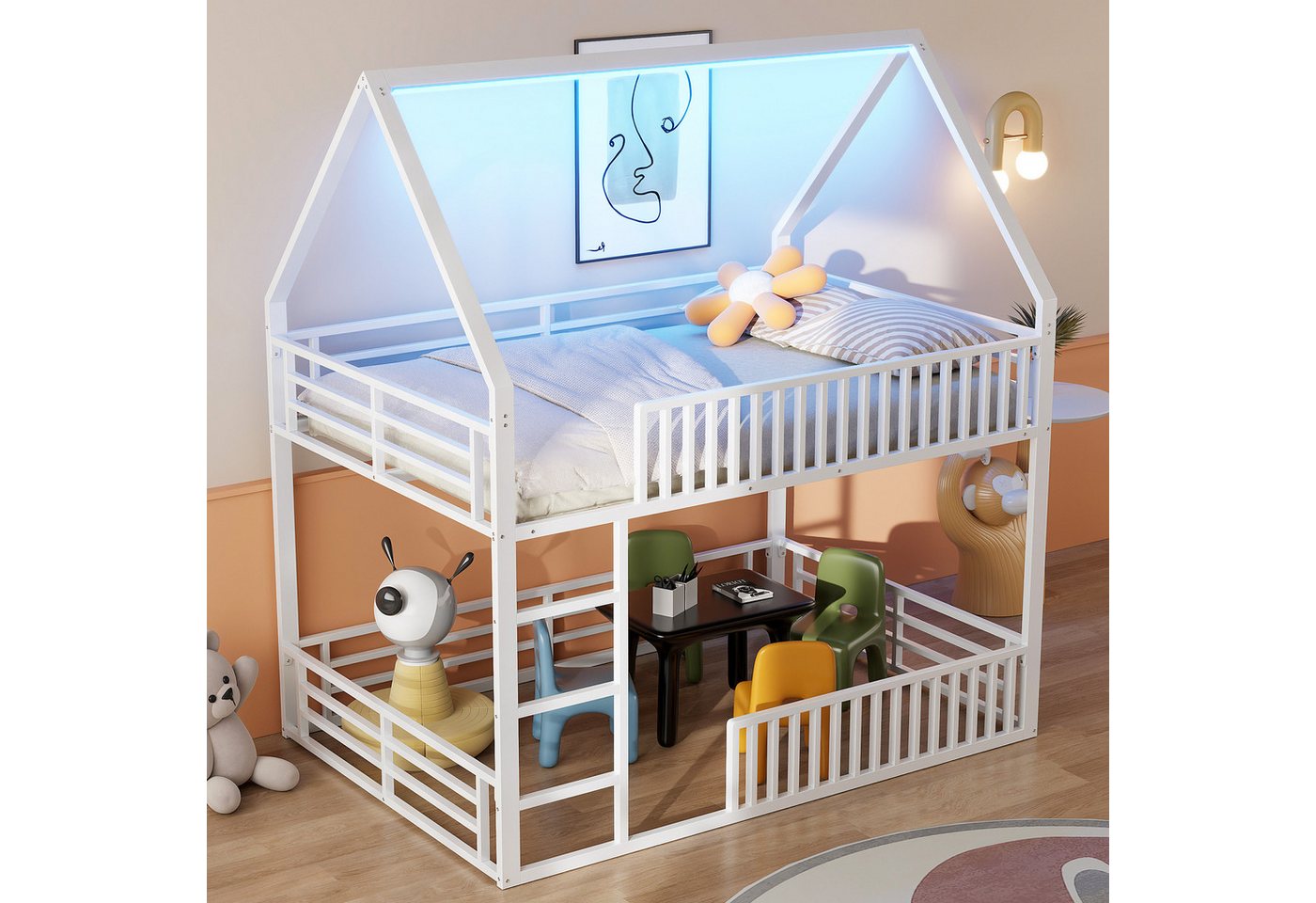 HAUSS SPOLE Etagenbett 140 x 200 cm Hausbett mit Zaun und LED-Licht, Lattenroste, Weiß (Haus-Etagenbett mit LED-Beleuchtung– Fantastisches Design) von HAUSS SPOLE