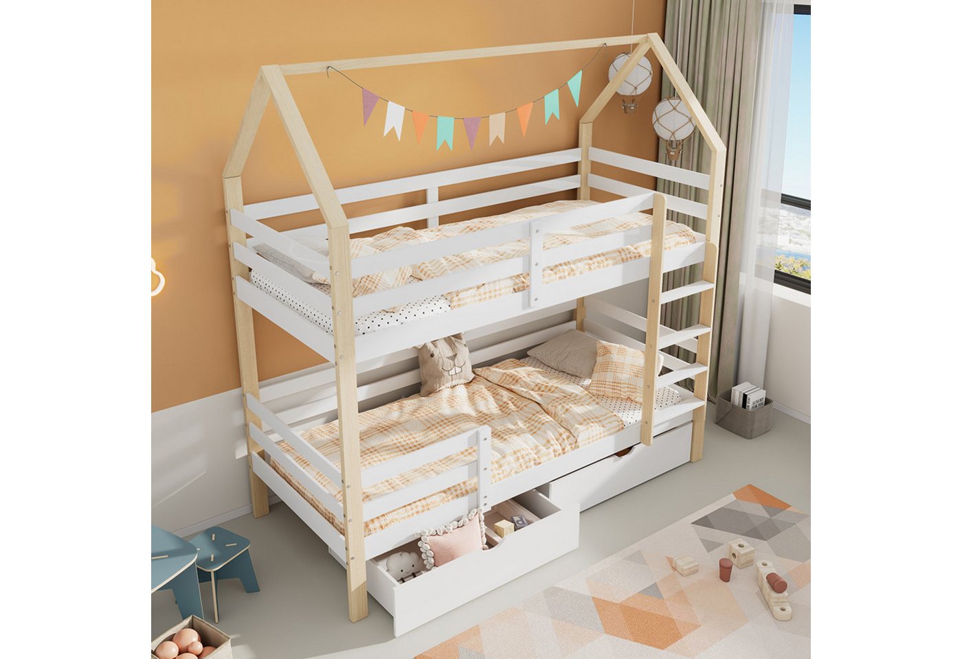 HAUSS SPOLE Etagenbett 90x200 cm in Hausform mit große Schubladen, ohne Matratze, weiß/natur (90 x 200 cm Hausbett mit großer Schublade ohne Matratze) von HAUSS SPOLE