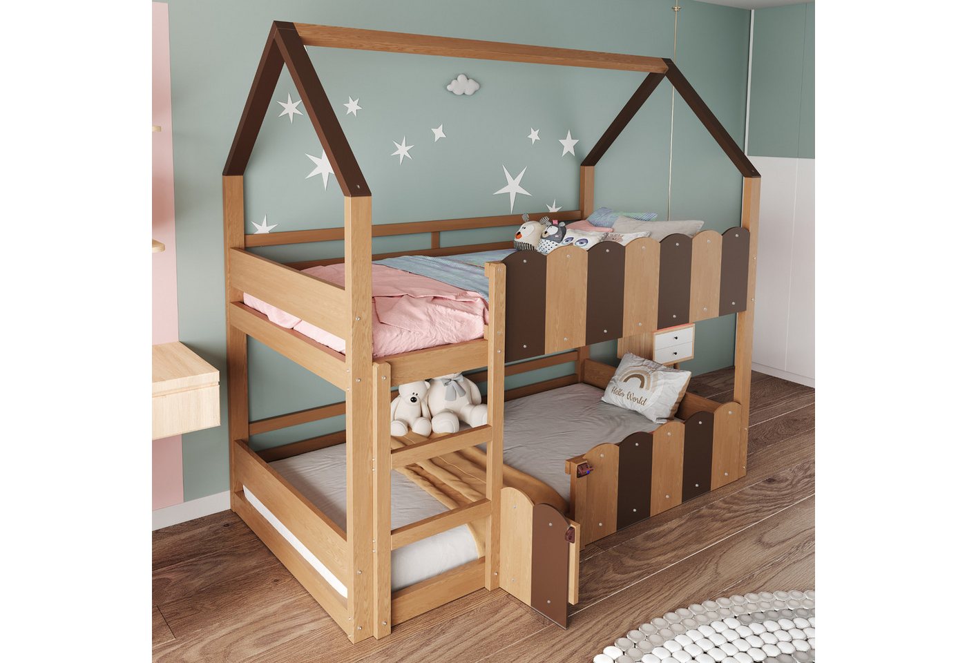 HAUSS SPOLE Etagenbett 90x200 mit Dach&Geländern,Kinderbett Holzbett mit Lattenrost,Natur (mit Hausrahmen & Sicherheitsgeländer, Hochbett mit Lattenrost und Klapptür, Spiel- & Schlafbereich, 90x200 cm), ohne Matratze, Das untere Bett ist ohne Lattenrost. HAUSS SPOLE Etagenbett 90x200 mit Dach&Geländern,Kinderbett Holzbett mit Lattenrost,Natur (mit Hausrahmen & Sicherheitsgeländer, Hochbett mit Lattenrost und Klapptür, Spiel- & Schlafbereich, 90x200 cm), ohne Matratze, Das untere Bett ist ohne Lattenrost. von HAUSS SPOLE