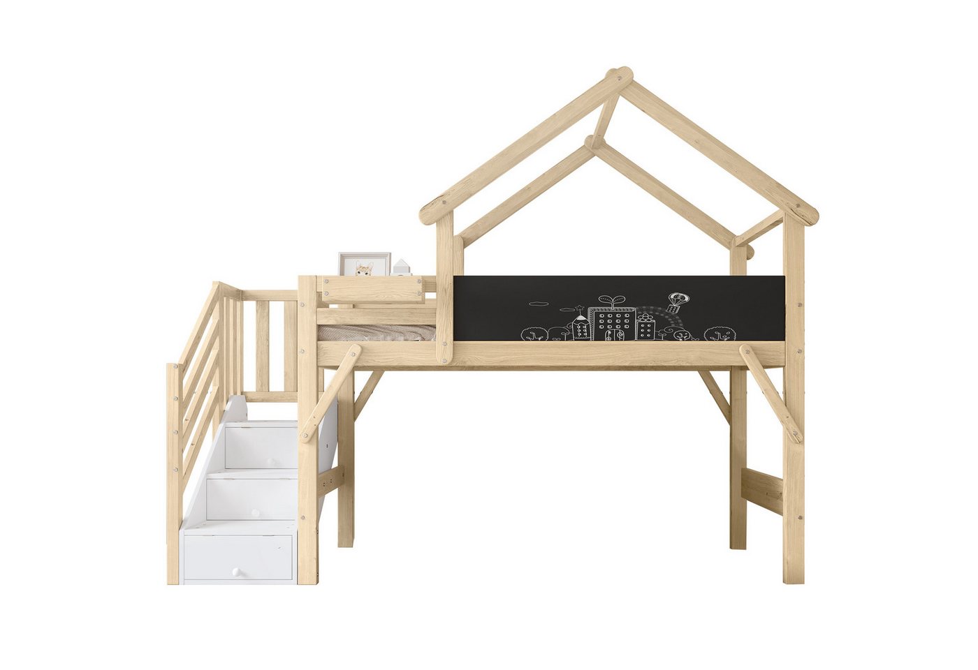 HAUSS SPOLE Etagenbett 90x200cm mit Gitter, 3 Schließfächer in der Treppe, Weiß+Natur (Etagenbett für Kinder mit Graffiti-Tafel, Dachdesign & Stauraumtreppe., 90x200 cm) von HAUSS SPOLE