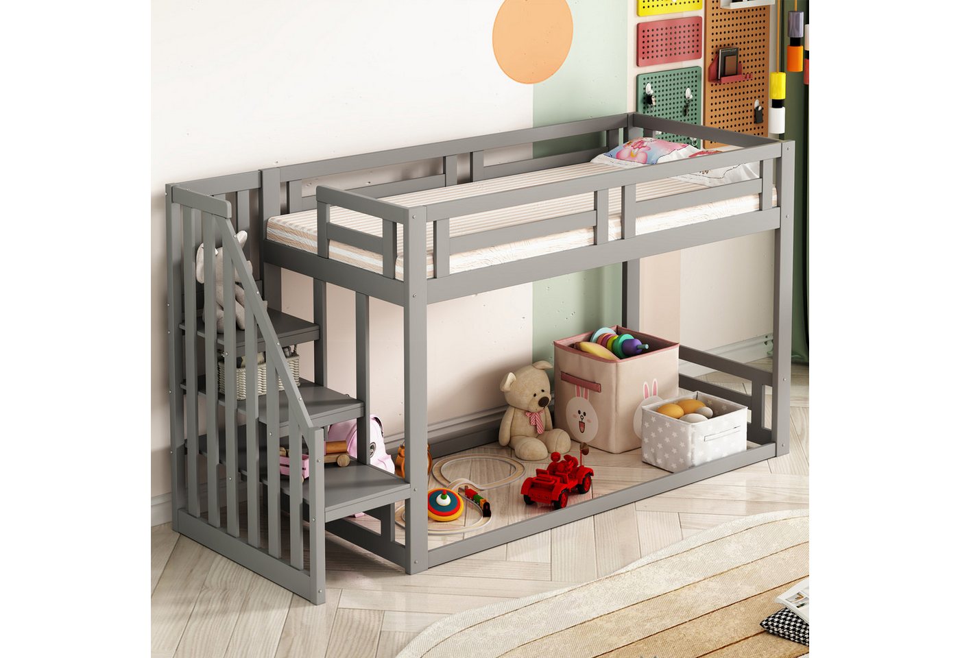 HAUSS SPOLE Etagenbett Etagenbett Holzbett Kinderbett Einzelbett Schiebebett Bettgestell (mit Sicherheitstreppe, Etagenbettgestell aus Massivholz mit Lattenrost), Ohne Matratze von HAUSS SPOLE