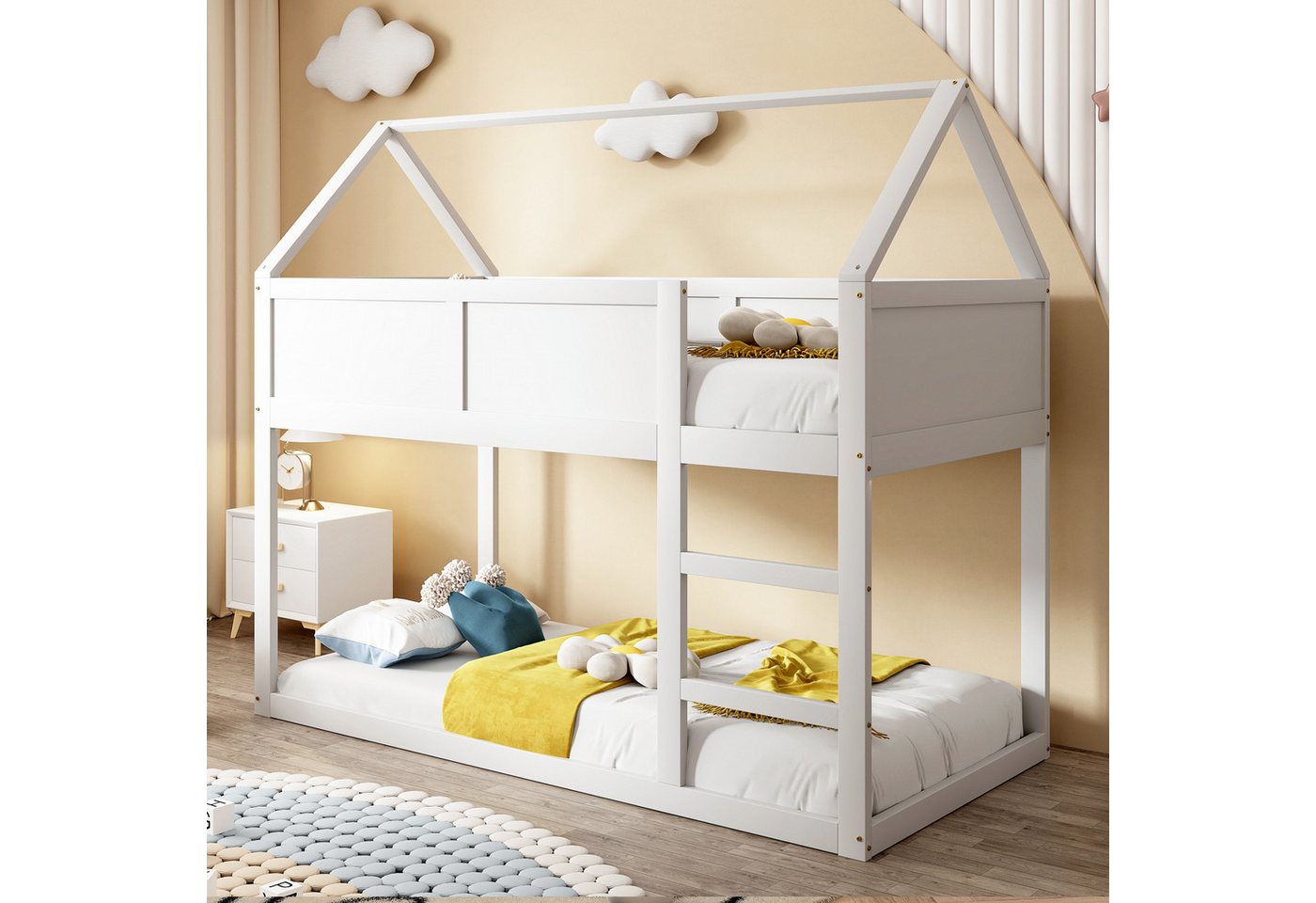 HAUSS SPOLE Etagenbett Kinderbett 90x200 cm, niedriges Etagen-Einzelbett mit Treppe Weiß (Hochbett mit Treppe, 90x200 cm), ohne Matratze von HAUSS SPOLE