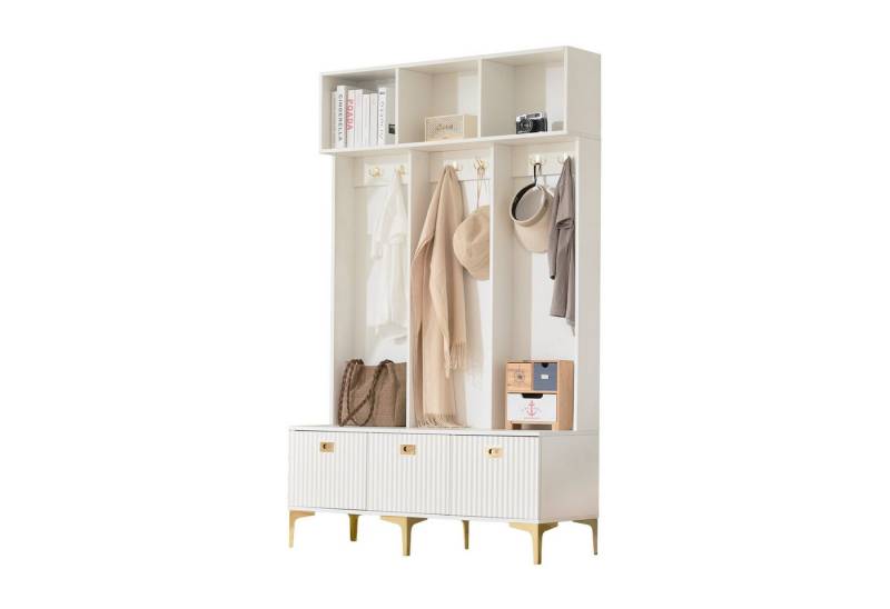 HAUSS SPOLE Garderoben-Set 120×40×191cm Kleiderschrank mit Bank,6 goldene Haken und Füße, Weiiß HAUSS SPOLE Garderoben-Set 120×40×191cm Kleiderschrank mit Bank,6 goldene Haken und Füße, Weiiß von HAUSS SPOLE