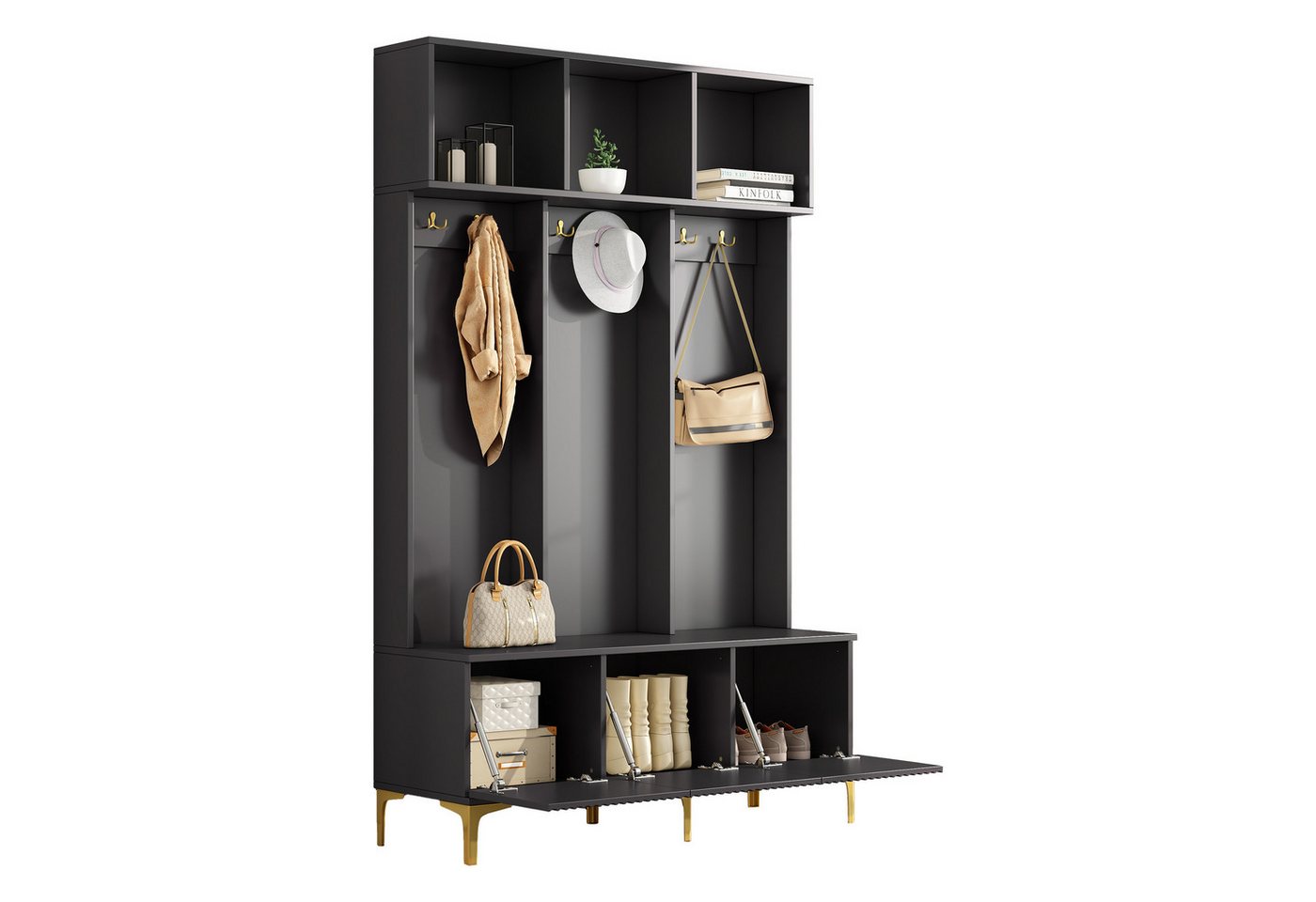HAUSS SPOLE Garderoben-Set 120×40×191cm Kleiderschrank mit Bank,6 goldene Haken und Füße,Schwarz HAUSS SPOLE Garderoben-Set 120×40×191cm Kleiderschrank mit Bank,6 goldene Haken und Füße,Schwarz von HAUSS SPOLE