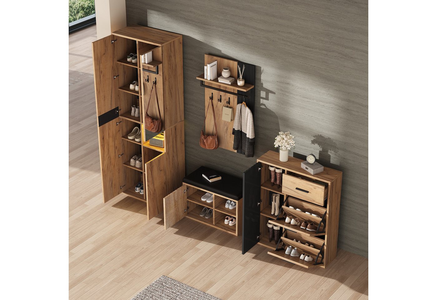 HAUSS SPOLE Garderoben-Set 4-teiliges Set Flurgarderobe mit Sitzbank und Haken Schuhschrank HAUSS SPOLE Garderoben-Set 4-teiliges Set Flurgarderobe mit Sitzbank und Haken Schuhschrank von HAUSS SPOLE