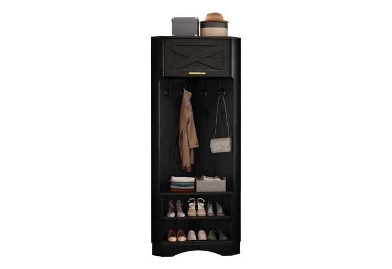 HAUSS SPOLE Garderoben-Set Flurgarderobe,Kleiderschrank Eckkleiderschrank schlafzimmer,schwarz, (Moderner Garderobenschrank in Schwarz mit 4 Haken, Elegantes Design, 180 cm hoch, Robuste Spanplatte, Praktische Aufbewahrungslösung für Flur und Eingangsbereich – Mit Kippsicherung und Goldakzenten, 1-St., 4 Haken), mit 4 Haken von HAUSS SPOLE