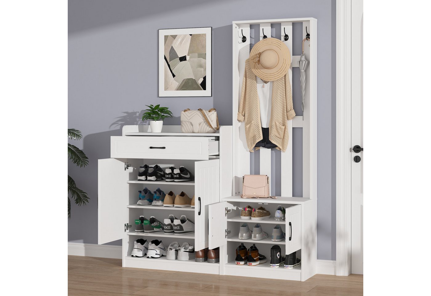 HAUSS SPOLE Garderoben-Set Flurgarderobe Paneel, Schuhschränke, Flurtrockenständer, weiß, (Wandhängeschrank, Flurtrockenständer, Kleiderschrank, 1-St., 140*32*180cm), Kombination: Bank + Garderobenpaneel + Schuhschrank von HAUSS SPOLE