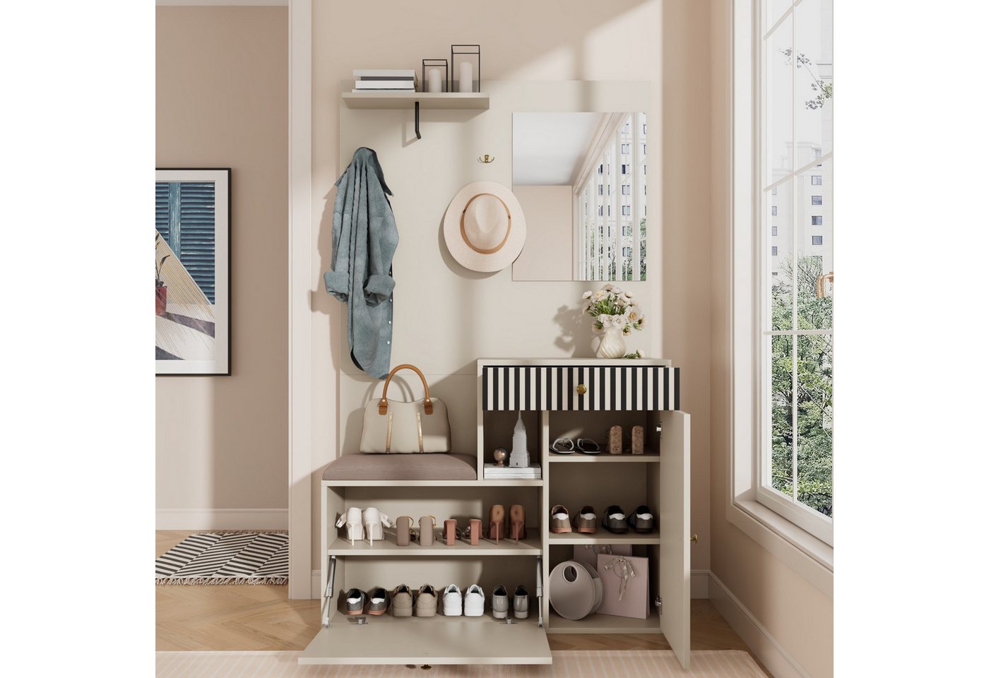 HAUSS SPOLE Garderoben-Set mit Schuhbank,Flurgarderobe Garderobenschrank mit Wohnwand&Spiegel, (Kinderkleiderschrank, Garderobenständer mit Schuhwechselsitz, 1-St., 110 x 185,5 x 37 cm), aus MDF von HAUSS SPOLE