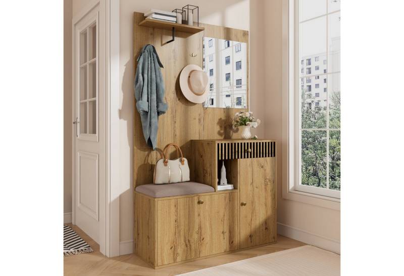 HAUSS SPOLE Garderoben-Set mit Schuhbank,Flurgarderobe Garderobenschrank mit Wohnwand&Spiegel, (Kinderkleiderschrank, Garderobenständer mit Schuhwechselsitz, 1-St., 110 x 185,5 x 37 cm), aus MDF von HAUSS SPOLE