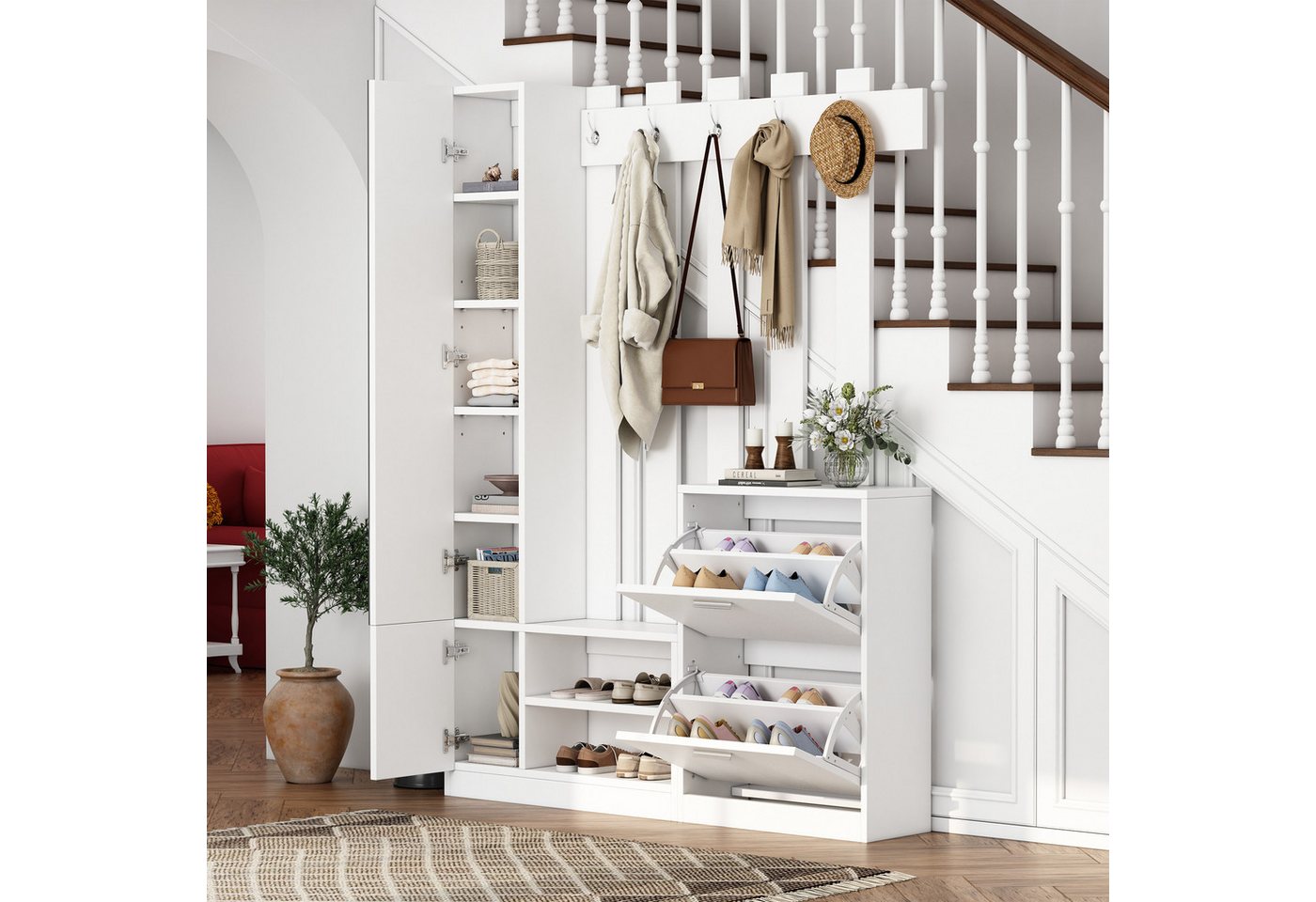HAUSS SPOLE Garderoben-Set mit Spiegel, Flurschrank, Hängeschrankregal, Schuhschränken Weiß, (Flurschrank, Hängeschrankregal, 1-St., 2 unteren Klapptüren-Schuhschränken + 2 Aufbewahrungsschränke) HAUSS SPOLE Garderoben-Set mit Spiegel, Flurschrank, Hängeschrankregal, Schuhschränken Weiß, (Flurschrank, Hängeschrankregal, 1-St., 2 unteren Klapptüren-Schuhschränken + 2 Aufbewahrungsschränke) von HAUSS SPOLE