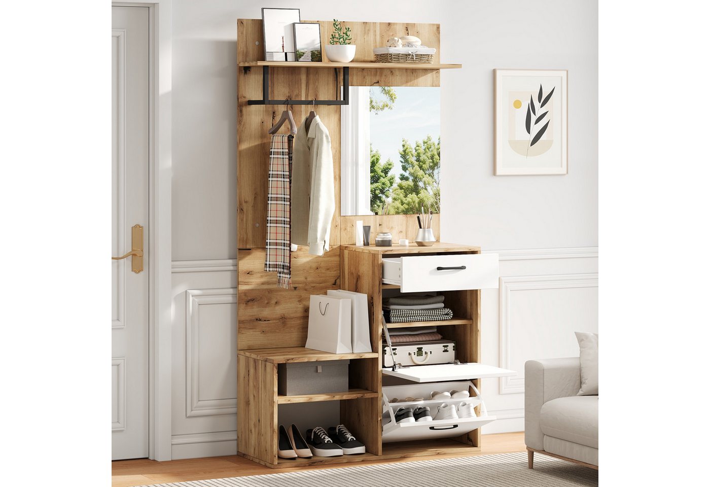 HAUSS SPOLE Garderoben-Set mit Spiegel, Schuhbank, Schuhschrank, Mit 1 Schublade und 2 Schränken, (Kompaktgarderobe, Flurschrank, 1-St., 100*38.5*190cm), mit Spiegel von HAUSS SPOLE