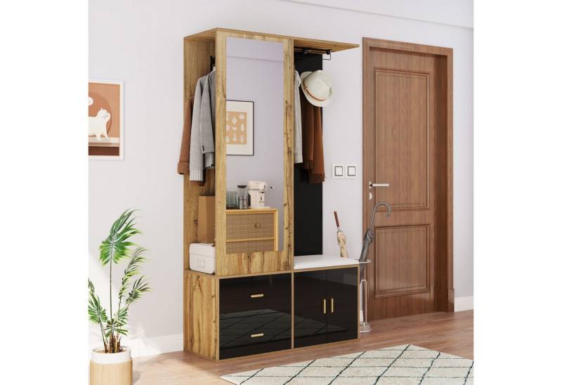 HAUSS SPOLE Garderoben-Set mit Spiegel, Schuhschrank mit Haken und ausziehbaren Kleiderbügeln, (Sideboard-Buffet, Wohnzimmermöbel, Mehrzweckschrank, 1-St., 2 Schubladen, 2 Türen), mit Spiegel, Schuhschrank, Schuhbank von HAUSS SPOLE