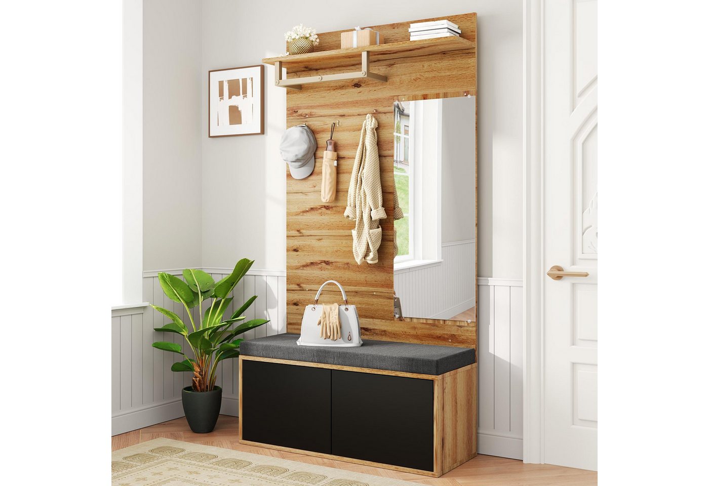 HAUSS SPOLE Garderoben-Set mit Spiegel,Hochschrank Flurgarderoben mit Sitzbank&Wohnwand, (Flurschrank, Wohnwand, Dielengarderobenpaneele, 1-St., Haken, offene Ablagefäche), mit Soft-Close-Funktion von HAUSS SPOLE
