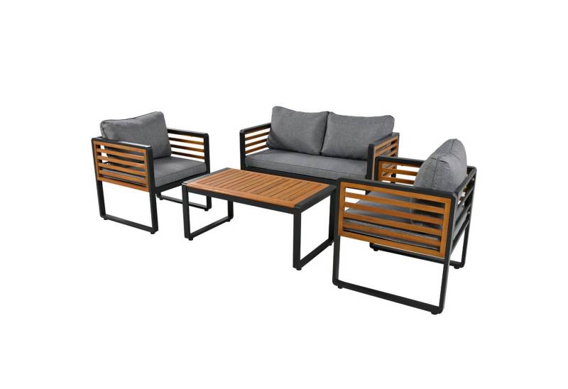 HAUSS SPOLE Gartenlounge-Set 4 er Set, 1 Sofa, 2 Einzelstühle, Tisch, Armlehnen aus Holz, Graue von HAUSS SPOLE