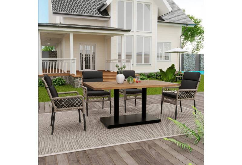 HAUSS SPOLE Gartenlounge-Set 5er Set für den Außenbereich für 4 Personen, für Hinterhof und Garten, (Balkonset Garten-Essgruppe, Gartenmöbel-Set, 5-tlg., 1 Tisch, 4 Stühle), Tischplatte aus massivem Akazienholz, Stühle mit PE-Rattanumwicklung von HAUSS SPOLE