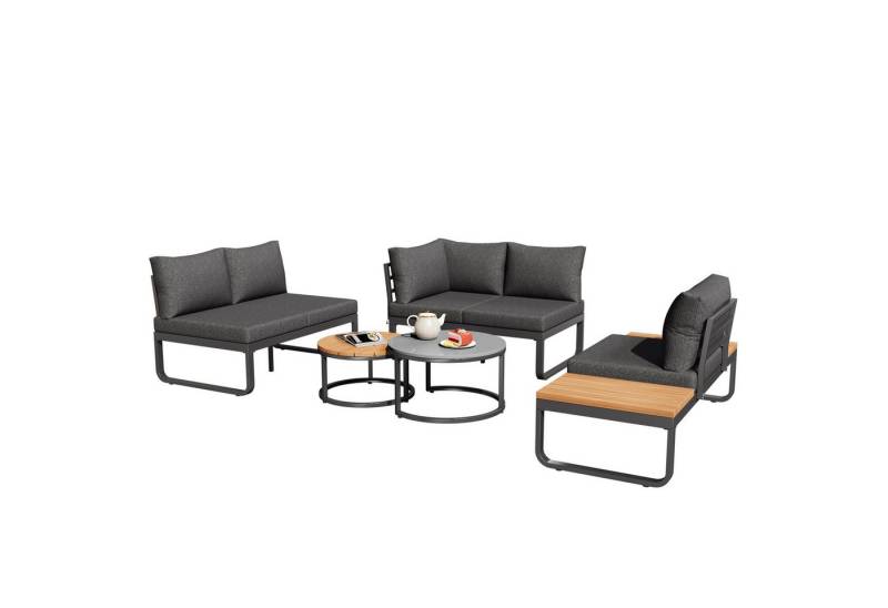 HAUSS SPOLE Gartenlounge-Set Gartenmöbel-Set mit 2 Couchtische, mit verstellbaren Beinen Grau, (Gartenmöbel-Set für 4-5 Personen – 2 Stapelbare Couchtische, Ergonomisches Sofa mit verstellbaren Füßen, Rostfreier Eisenrahmen, Bequeme Kissen und Graue Polster – Perfekt für Garten, Balkon & Terrasse, 5-tlg), mit Relaxfunktion von HAUSS SPOLE