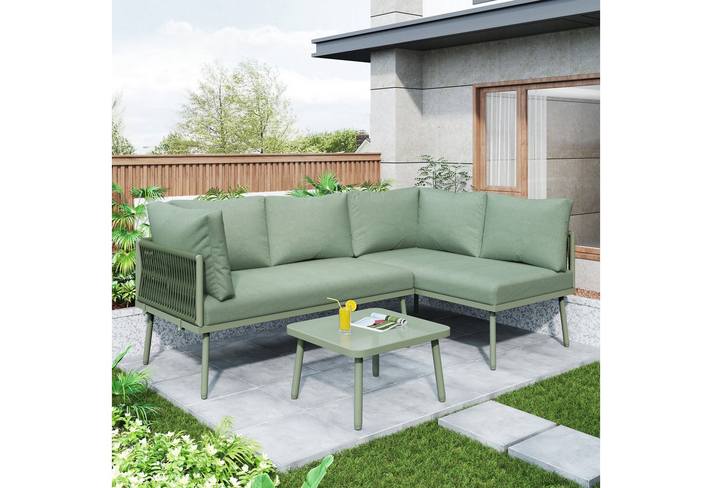 HAUSS SPOLE Gartenlounge-Set L-förmig mit Sitzkissen, verstellbaren Füßen, 2 Sofas, 1 Tisch, Grün, (3-tlg) von HAUSS SPOLE