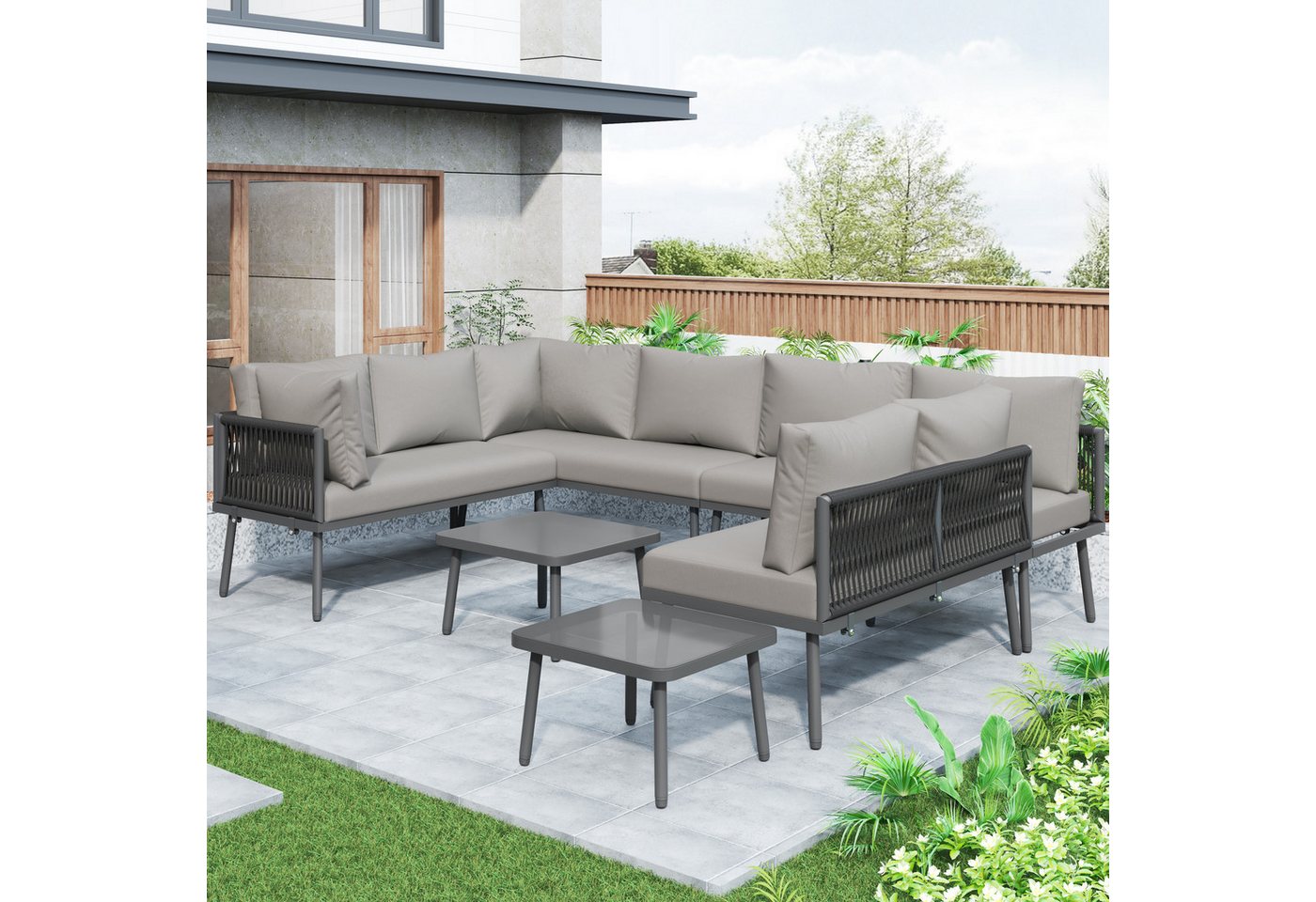 HAUSS SPOLE Gartenlounge-Set U-förmiges Gartenmöbel Set mit 2 Tischen und 4 Zweisitzer-Sofas, (Eisen Garten Loungesessel Set für 8 Personen – U-förmiges wetterfestes Outdoor Ecksofa, 2 Couchtische aus Grauglas, 10 cm dicke Kissen, pflegeleicht., 6-tlg), Sitzgruppe mit Tisch HAUSS SPOLE Gartenlounge-Set U-förmiges Gartenmöbel Set mit 2 Tischen und 4 Zweisitzer-Sofas, (Eisen Garten Loungesessel Set für 8 Personen – U-förmiges wetterfestes Outdoor Ecksofa, 2 Couchtische aus Grauglas, 10 cm dicke Kissen, pflegeleicht., 6-tlg), Sitzgruppe mit Tisch von HAUSS SPOLE