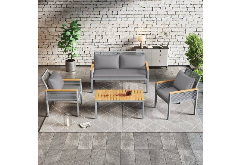 HAUSS SPOLE Gartenlounge-Set mit bequemem Kissen, Doppelsofa,2 Sessel und Tisch grau, Rattan von HAUSS SPOLE