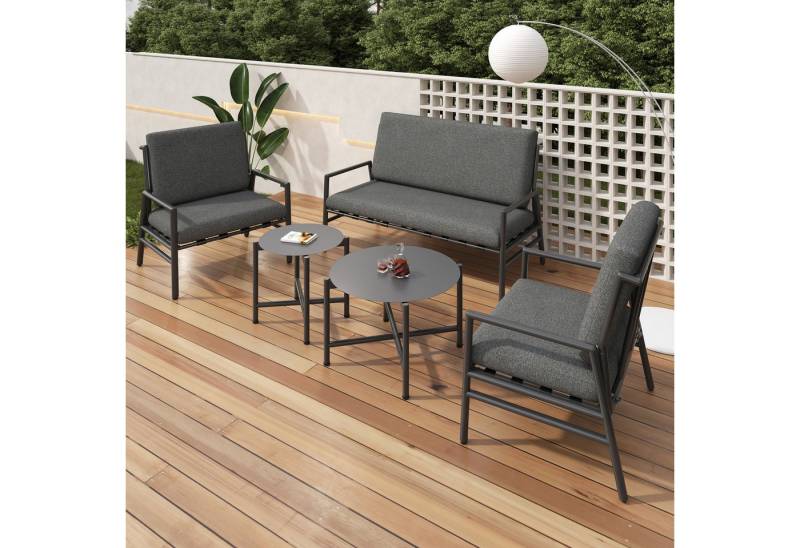 HAUSS SPOLE Gartenlounge-Set vier Sitze mit Riemen zwei runde Couchtische Kissen, Grau von HAUSS SPOLE