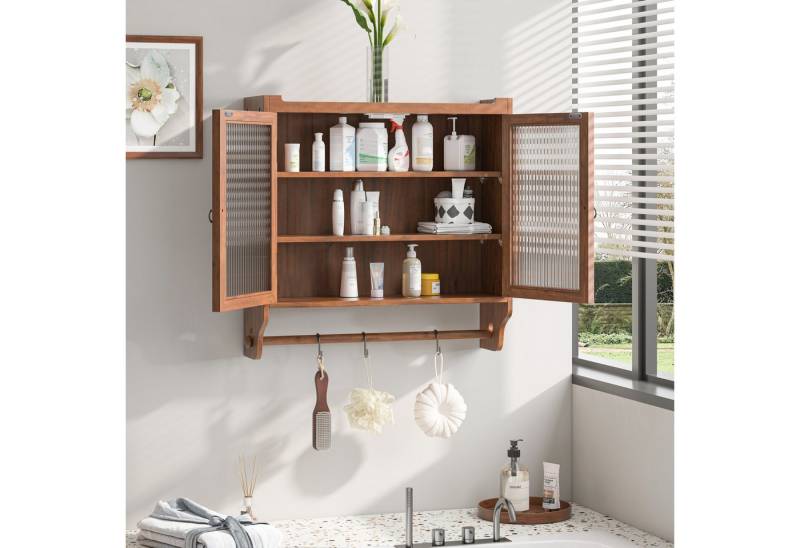 HAUSS SPOLE Hängeschrank 63cm Wandschrank Badezimmerschrank Küchenschrank mit zwei Glastüren (Vintage 63 cm Wandregal mit Doppelglastüren – 3 Stufiger Stauraum mit Handtuchhalter, Naturholz – Wandmontage für Badezimmer, Küche, Esszimmer – Stabil & Platzsparend) Gewichtskapazität: 5 kg pro Regal von HAUSS SPOLE