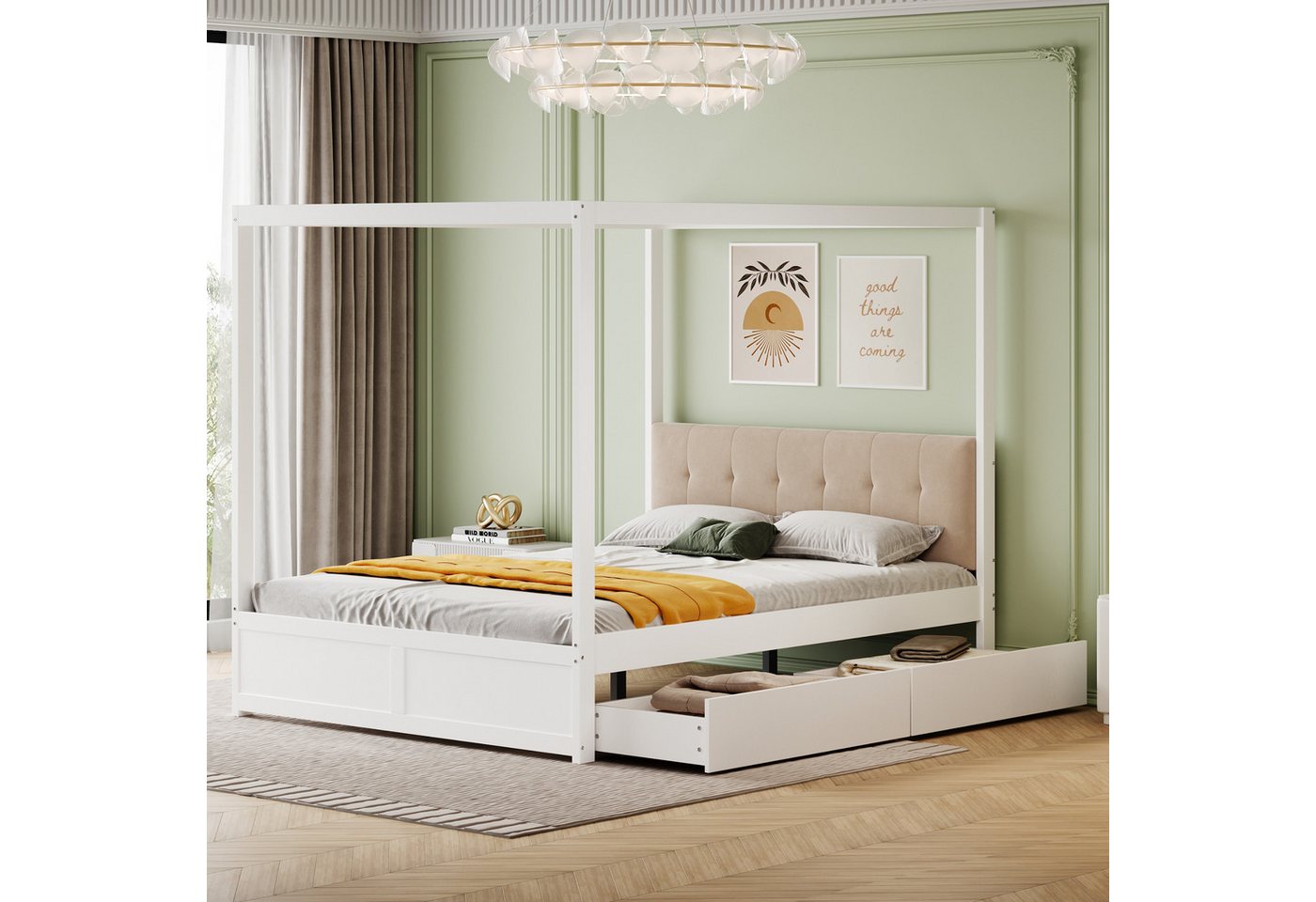 HAUSS SPOLE Himmelbett 140x200cm Himmelbett mit Schubladen und Rückenlehne, Holz, weiß (mit großen Schubladen und weicher Rückenlehne, Holz, 140x200 cm), ohne Matratze von HAUSS SPOLE